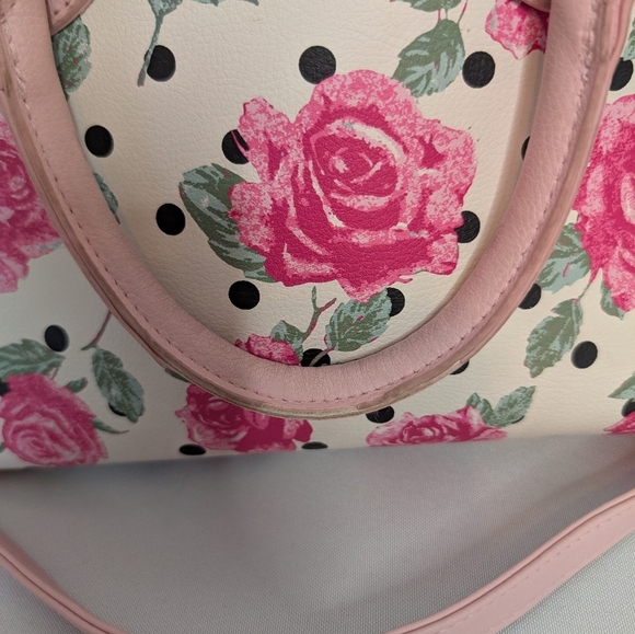 Betsey Johnson Pink Rose And Polka Dot Floral Handbag Tote Satchel EUC - Picture 4 of 12